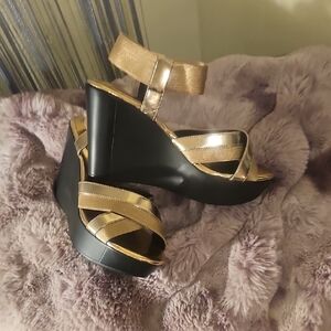 Charles By Charles David Elegant Rose Gold and Black Wedge Sandals